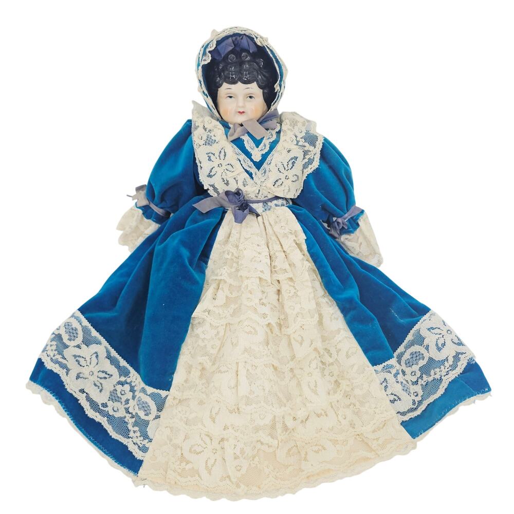 Rare Fine China Head Doll Blue Victorian Velvet & Lace Dress Circa 1980s 17"